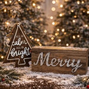 NEW CHRISTMAS WOODEN SIGN & TREE DECOR SET – RUSTIC HOLIDAY DECORATION